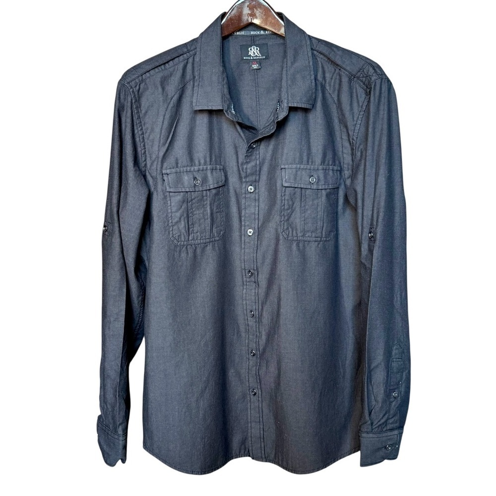 Rock & Republic Button Up Shirt Mens XL Dark Gray Black Denim Long Sleeve